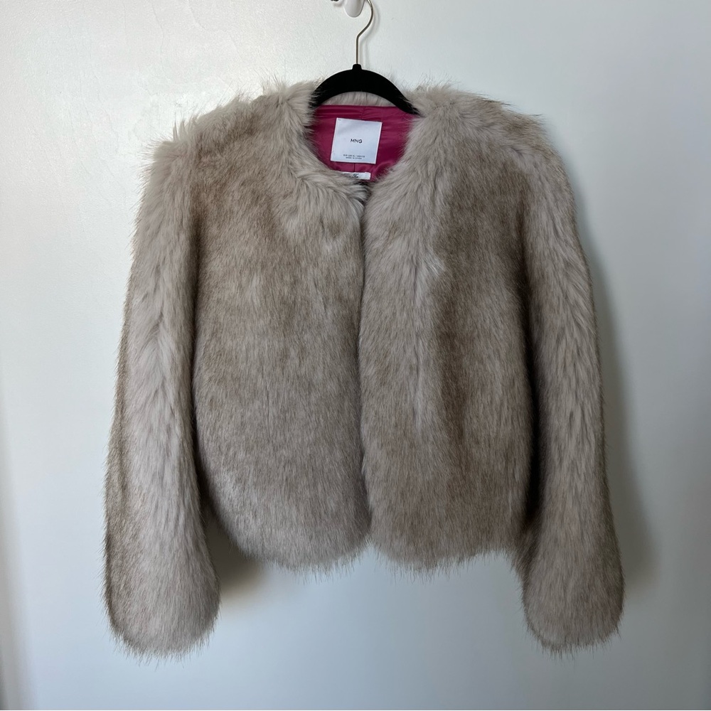 Mango heavyweight tan short faux fur jacket size XL
